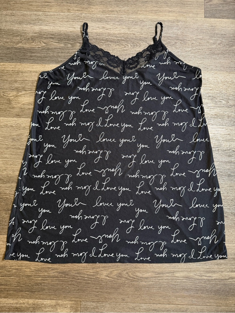 Black Satin Lace-Trim Slip with 'Love You' Script
